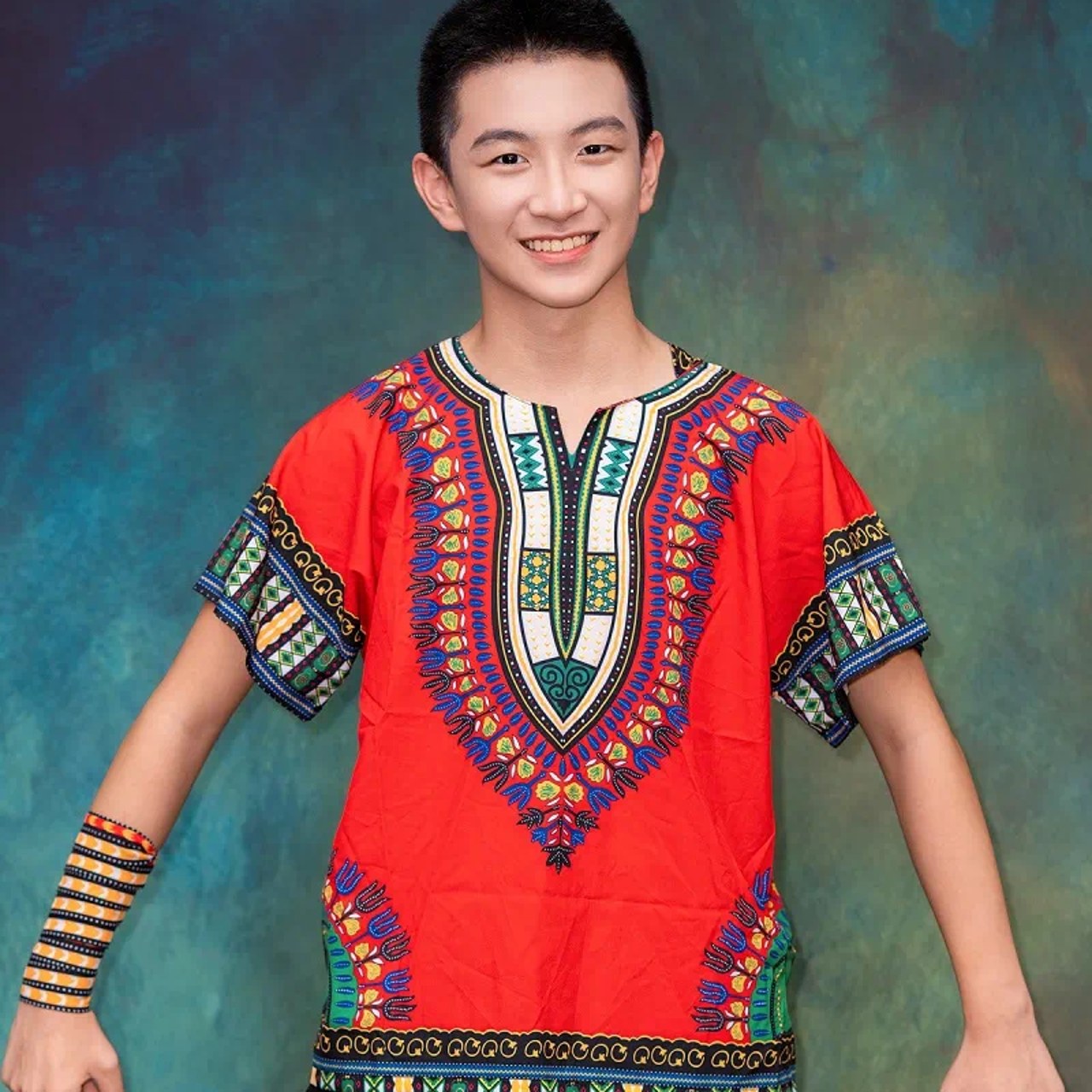 Studio portrait in a patterned costume