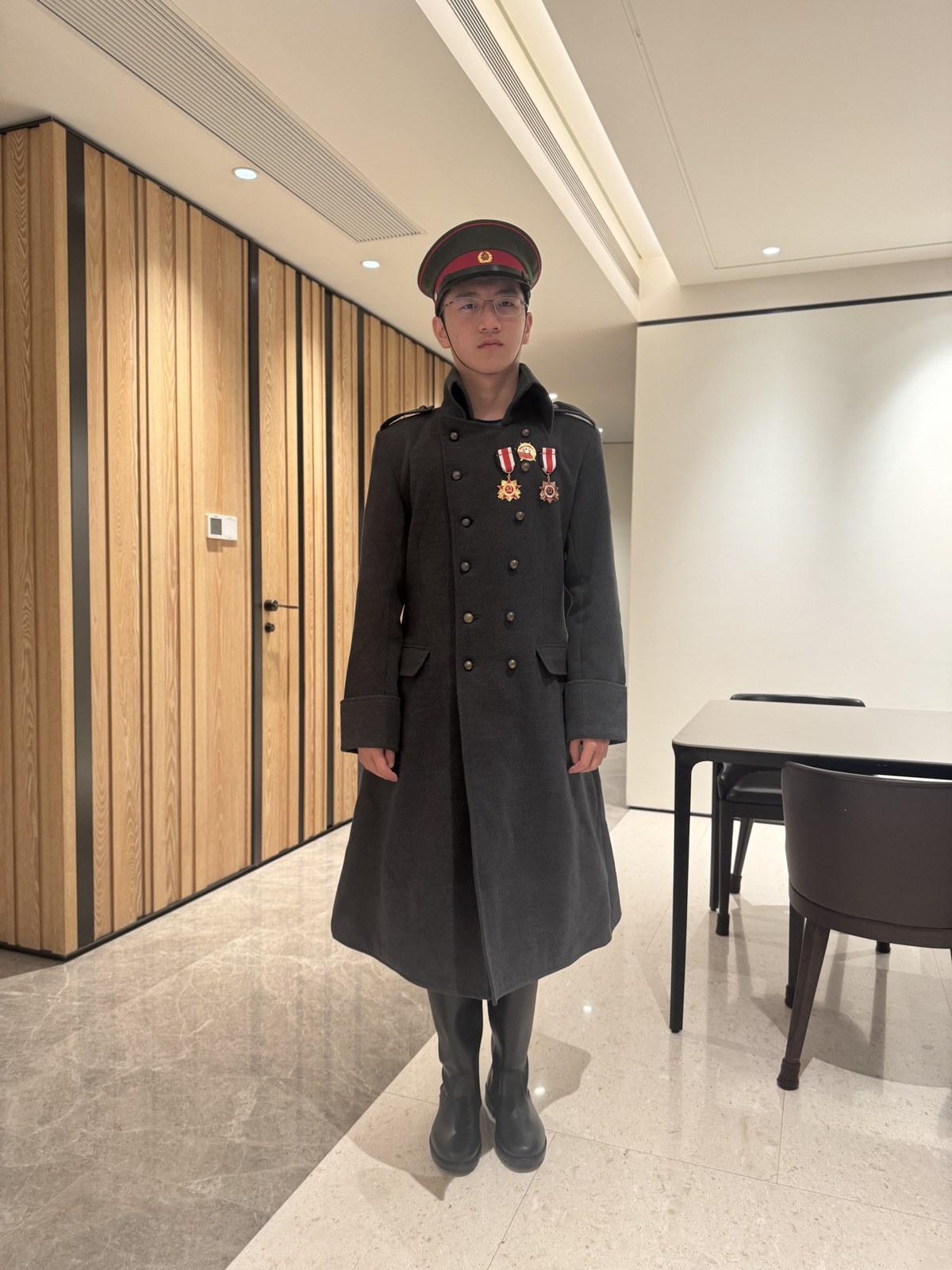 Soviet officer longcoat with medals, costume of the series